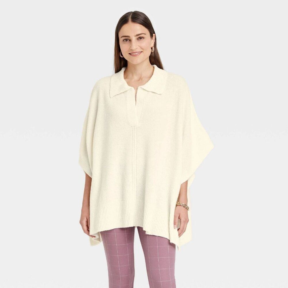 A New Day Women's Collared Cape Poncho Sweater Cream One Size Fits Most NWT!